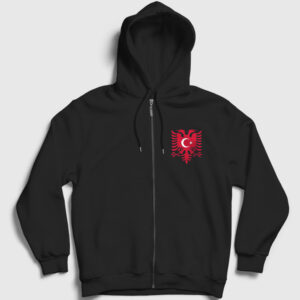 Albania Türkiye Arnavutluk Bayrağı Fermuarlı Kapşonlu Sweatshirt siyah