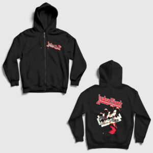 British V2 Judas Priest Sırt Baskılı Fermuarlı Kapşonlu Sweatshirt siyah