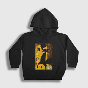 Cat Kiss Kedi Kedili Hediye Gustav Klimt Çocuk Kapşonlu Sweatshirt siyah