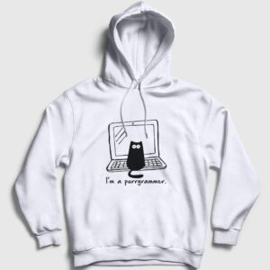 Cat Purrgrammer Developer Yazılımcı Kapşonlu Sweatshirt beyaz