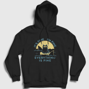 Everything Is Fine Cat Kedili Kapşonlu Sweatshirt siyah