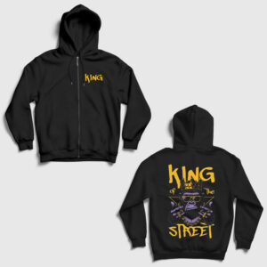 Gorilla King Of The Street Sırt Baskılı Fermuarlı Kapşonlu Sweatshirt siyah