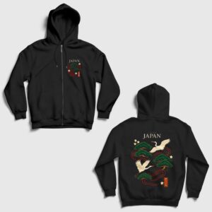 Pine Tree Crane Birds Ukiyo Japan Sırt Baskılı Fermuarlı Kapşonlu Sweatshirt Siyah