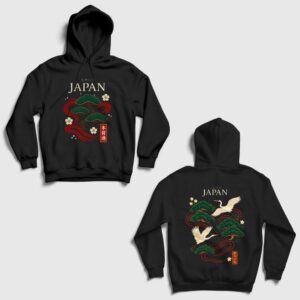 Pine Tree Crane Birds Ukiyo Japan Sırt Baskılı Kapşonlu Sweatshirt Siyah
