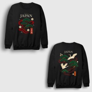 Pine Tree Crane Birds Ukiyo Japan Sırt Baskılı Sweatshirt Siyah