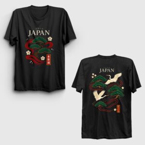 Pine Tree Crane Birds Ukiyo Japan Sırt Baskılı Tişört Siyah