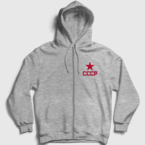 Red CCCP Sovyetler Birliği Fermuarlı Kapşonlu Sweatshirt gri kırçıllı